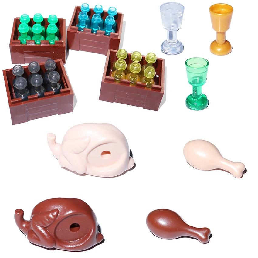 Bâtonnets de poulet, bouteille de vin, bière, tasse, ustensile, Trans Gren, Mini figurines, briques, accessoires de ville, blocs de construction, jouets, 6269 33048