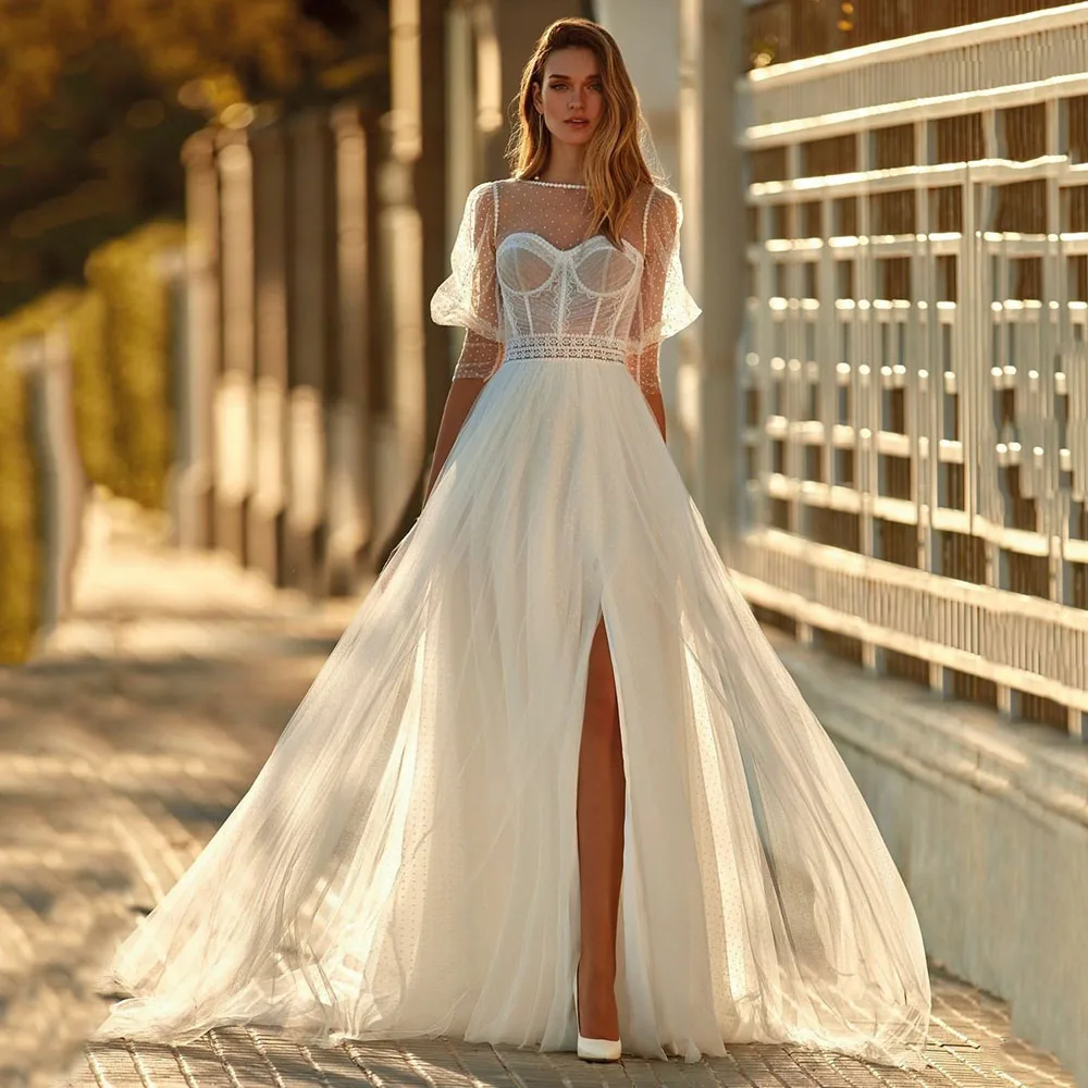 Msikoods abiti da sposa da spiaggia Sweetheart Dot Tulle Lace Side Split mezze maniche abito da sposa abito da sposa bohémien su misura