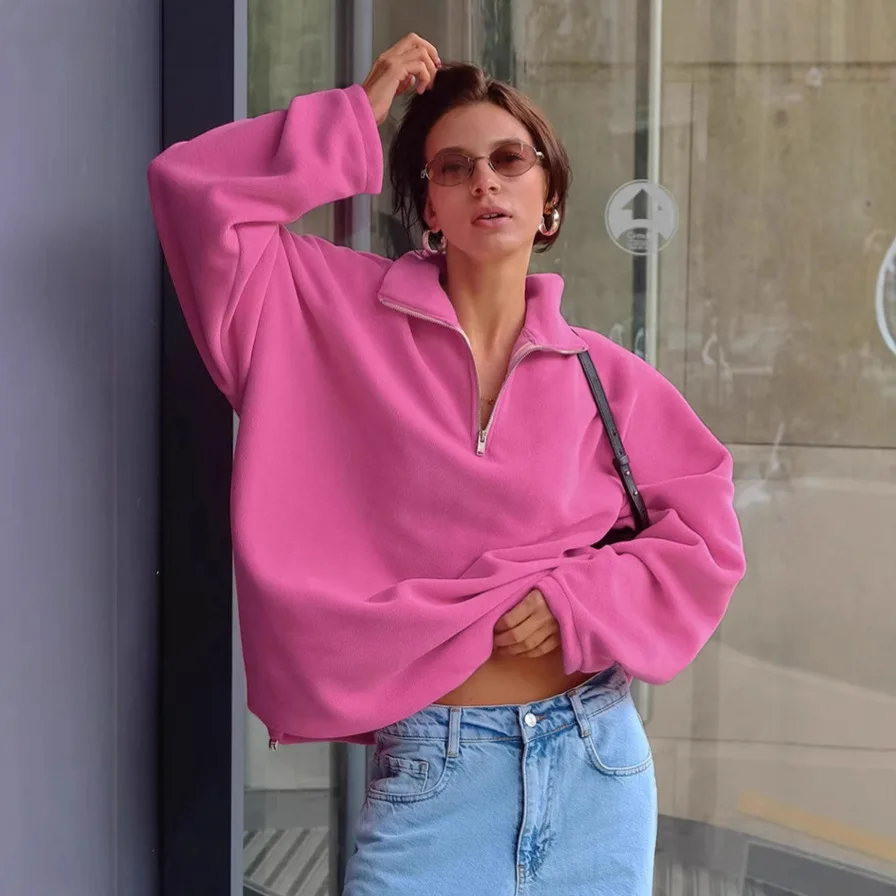 Jesienno-zimowy amerykański sweter polarowy w kolorze różowym, damski jesienno-zimowy gruby, luźny sweter z klapami, kurtka.