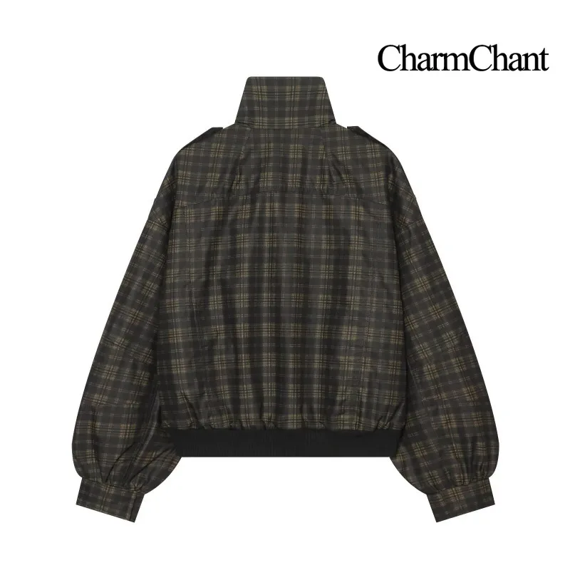 CHARMCHANT Women's Plaid Bomber Jacket Military Design High Collar Puff Sleeves Zipper Hem Short Coat Fashion Autumn Winter 2026