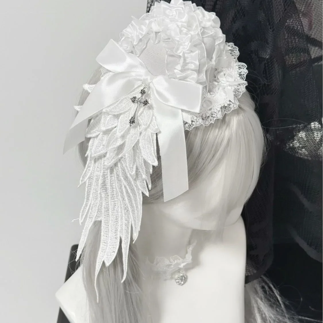 Women's Harajuku Steampunk Y2K Lace Wing Headwear Bow Mini Top Hat Hair Clip Lolita Gothic Dark Angel Cross Hair Accessories 5