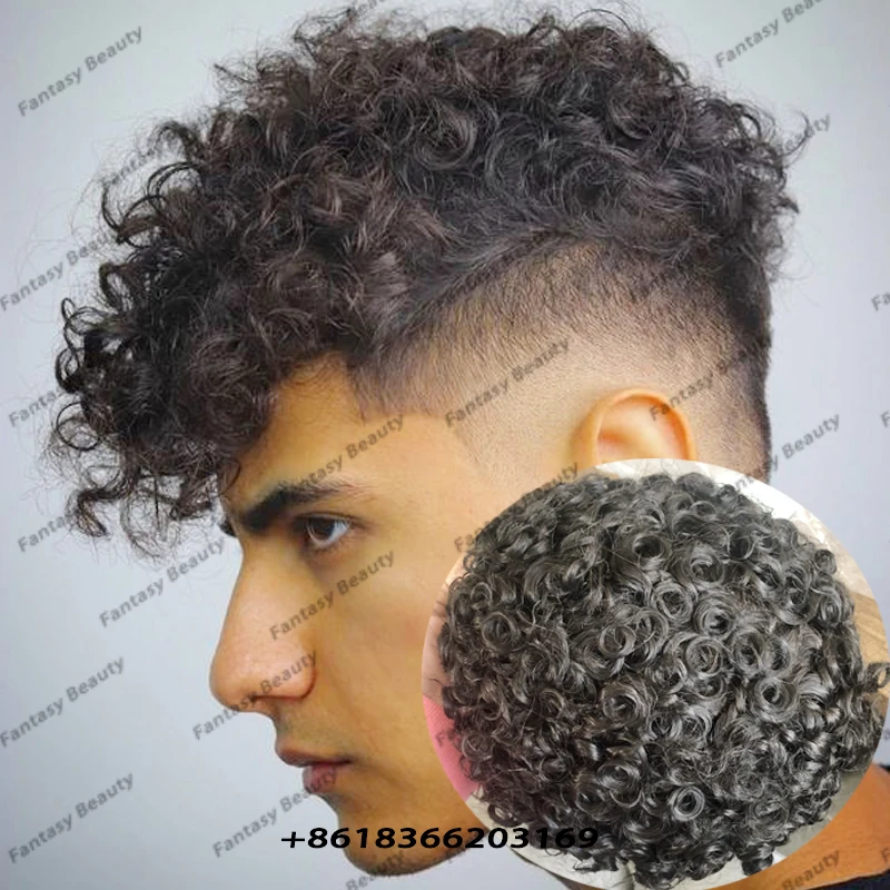 Prótesis capilar de cabello humano 100% para hombres, tupé Natural de 0,1mm, completa Base de PU, pelucas rizadas de 18mm, unidad suave de repuesto