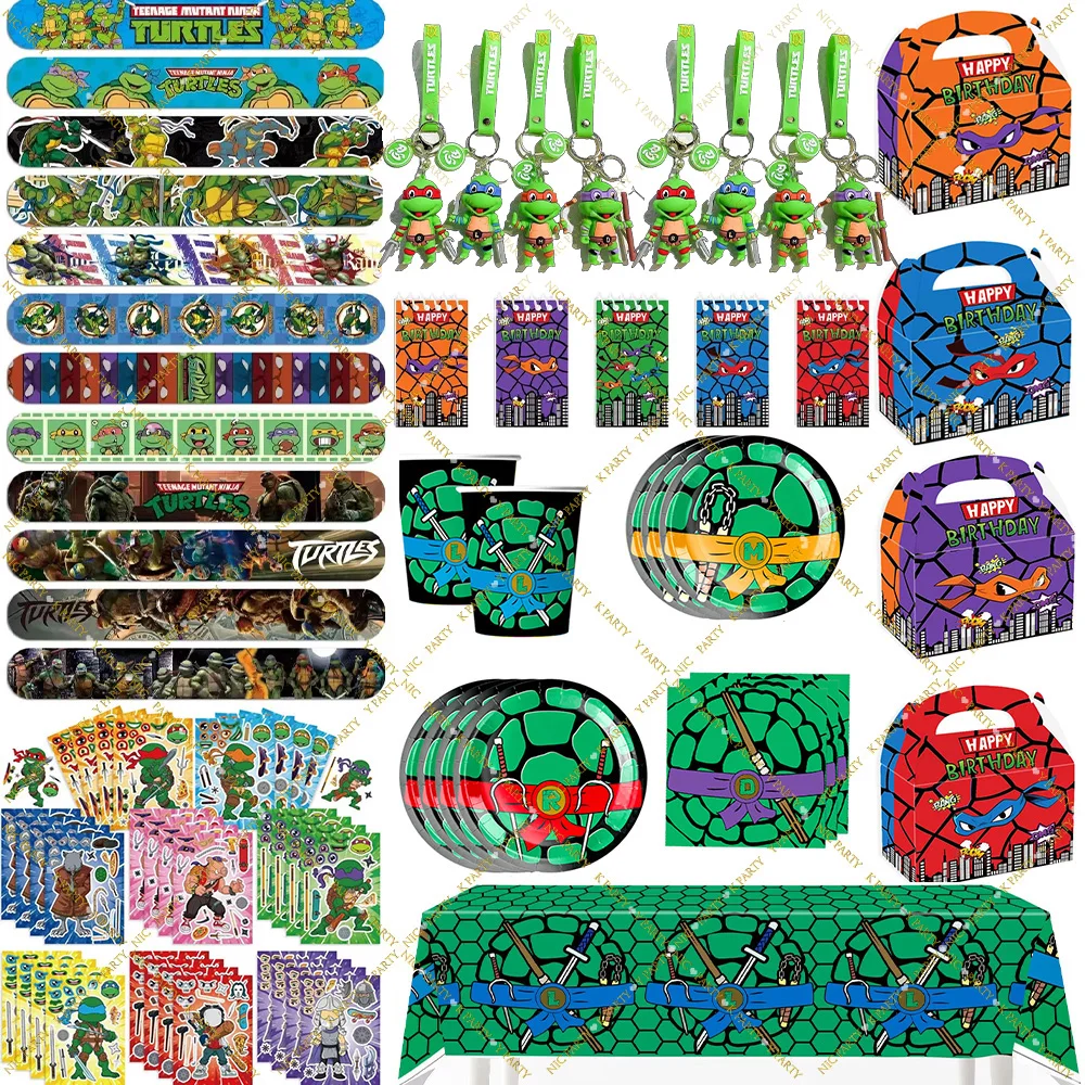 Décorations de fête d'anniversaire sur le thème des Tortues Ninja, assiettes, porte-clés, bracelets, cadeaux pour enfants, boîte cadeau, fournitures de fête