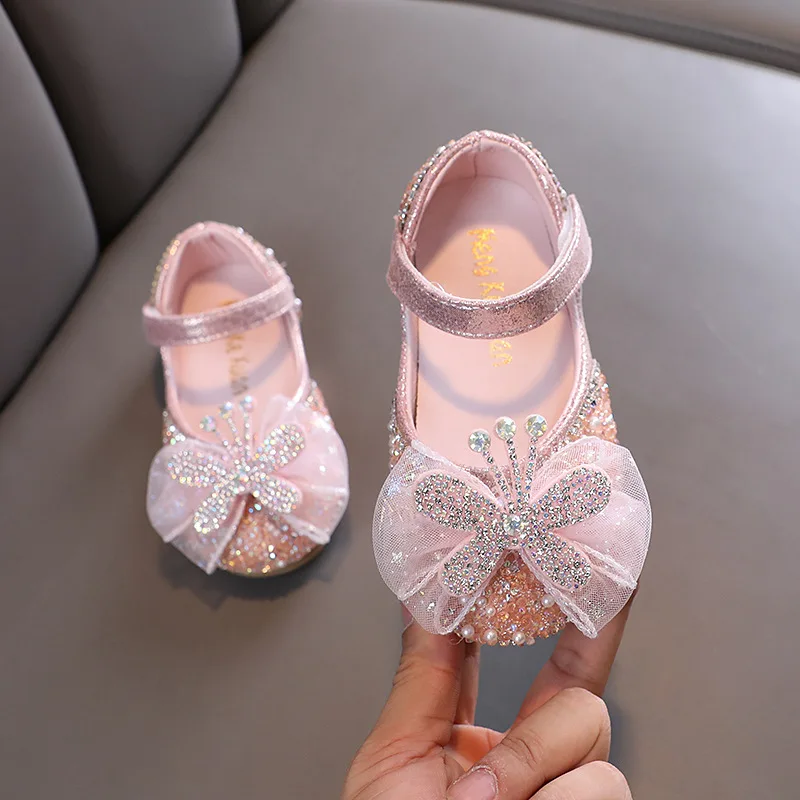 

Girls Leather Shoes Spring New Childrens Simple Rhinestone Pearl Bowknot Shining Kids Girl Princess Shoes Party Wedding J27