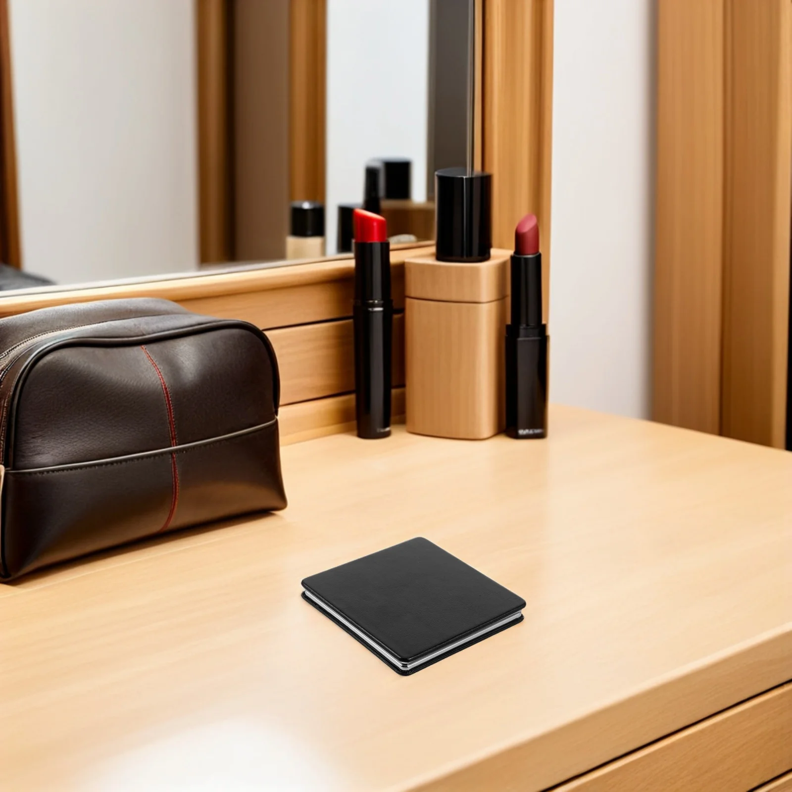 กระจกพกพาแบบพับได้ขนาดเล็กกะทัดรัด 8 ซม. สีดำ กระจกสองด้านแบบมือถือสำหรับกระเป๋าเป้สำนักงานและแต่งหน้า