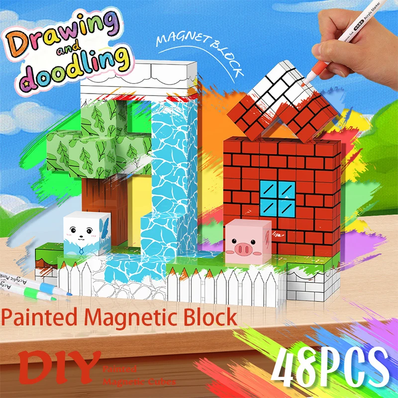 DIY Painted Magnetic Building Blocks Mine World Magnet Cube Brick Sensory Best Sets for Boys Girls Kids DIY Pixel style Model Ba