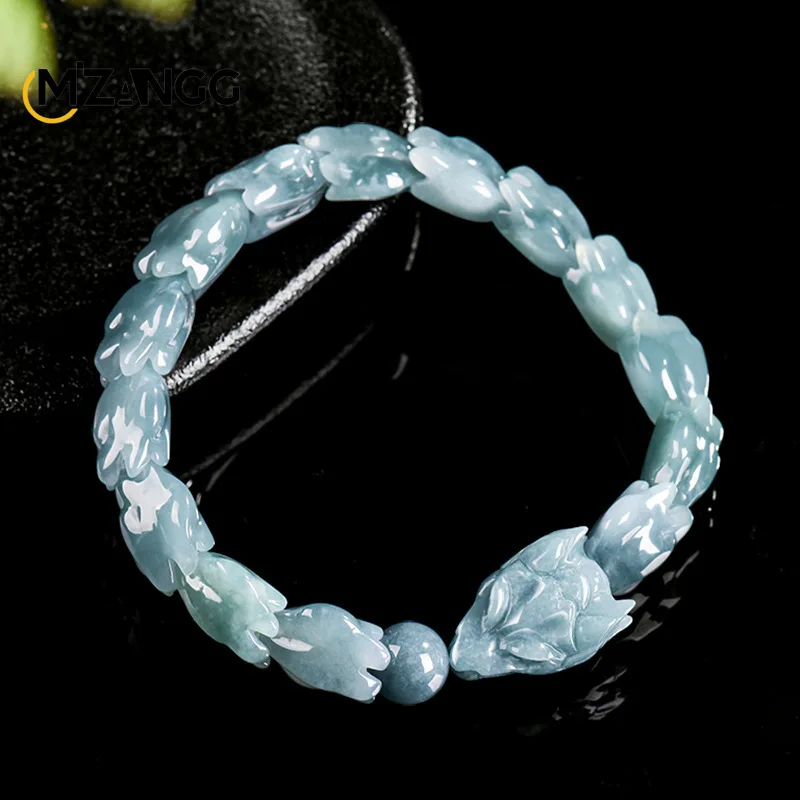 Genuine Natural Jadeite Blue Water Three-dimensional Keel String Fine Carving Ice Jade Bracelet Fashion Men Lucky Amulet Gift