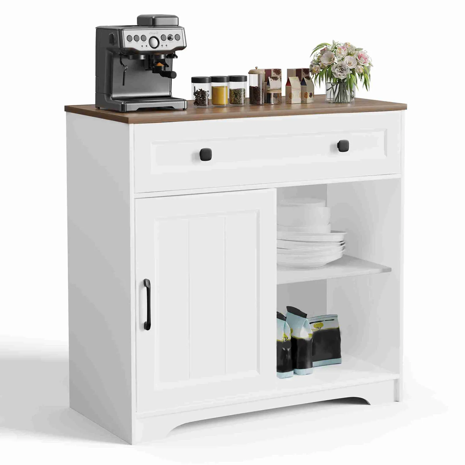 

Sideboard with Sliding Door Sideboard Dark Walnut Top White Storage Cabinet with Single Drawer Single Sliding Door for Kitchen