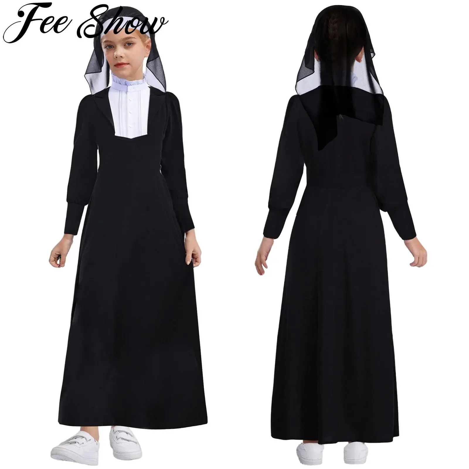 Disfraz de monja misionera de religión católica cristiana para niñas, disfraz de fiesta de Halloween, vestido de manga larga con velo