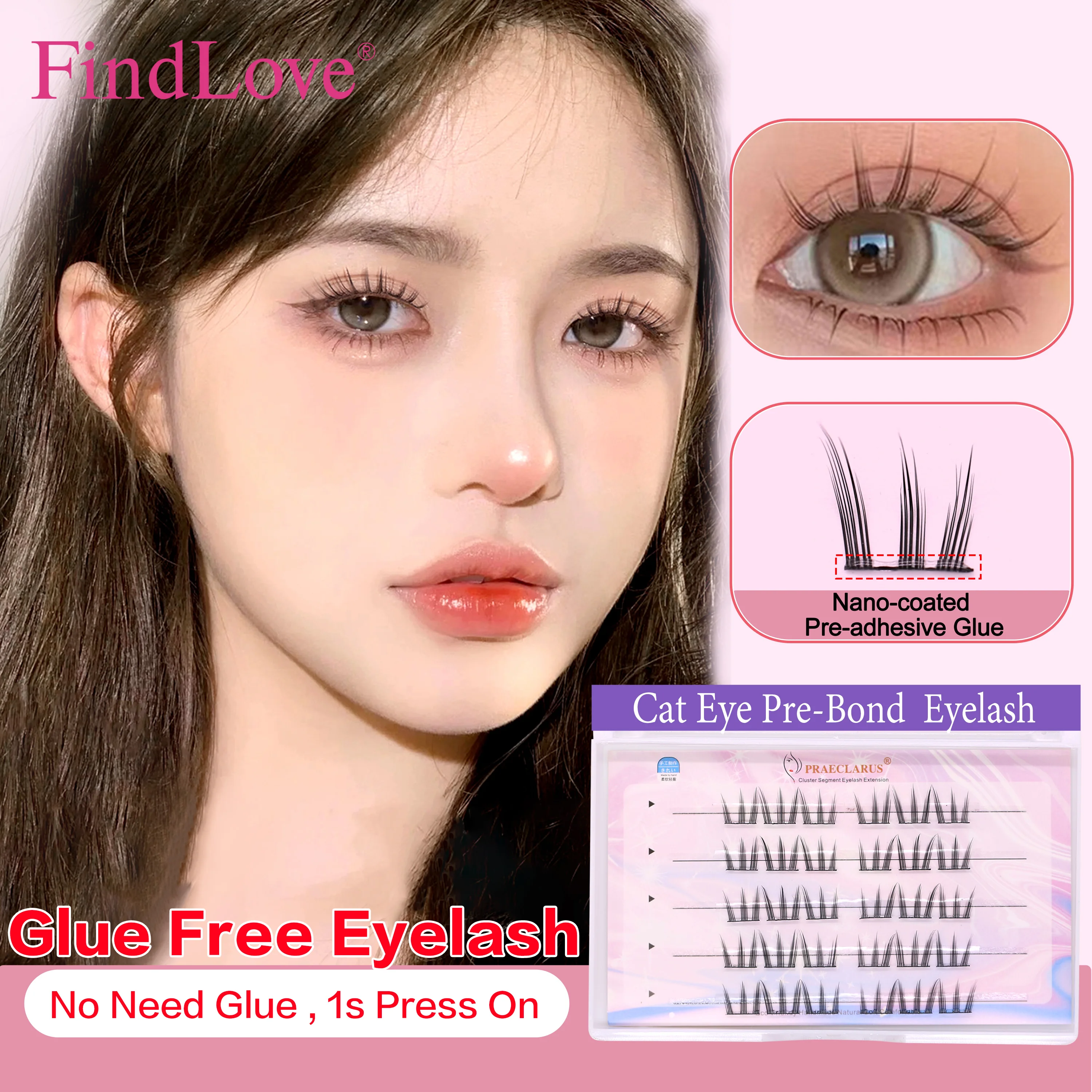 [No Glue Need] PRAECLARUS Cat Eye Glue-free Eyelashes C Curl 12mm Self Adhesive Eyelashes Diy False Eyelashes Natural Eye Lashes