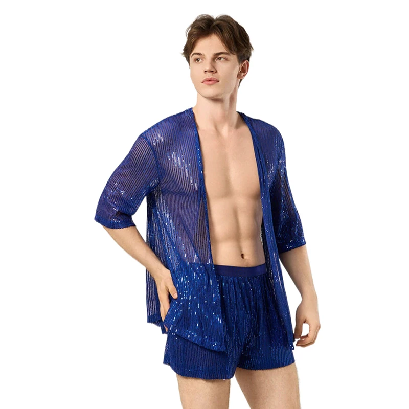 Herrenbekleidung 2-Teiliges Outfit Strickjacke Shorts Herren-Set Glitzernder Lockerer Strandüberzug Nachtclub Festival Rave Party Bühnenkostüm – Detail 9