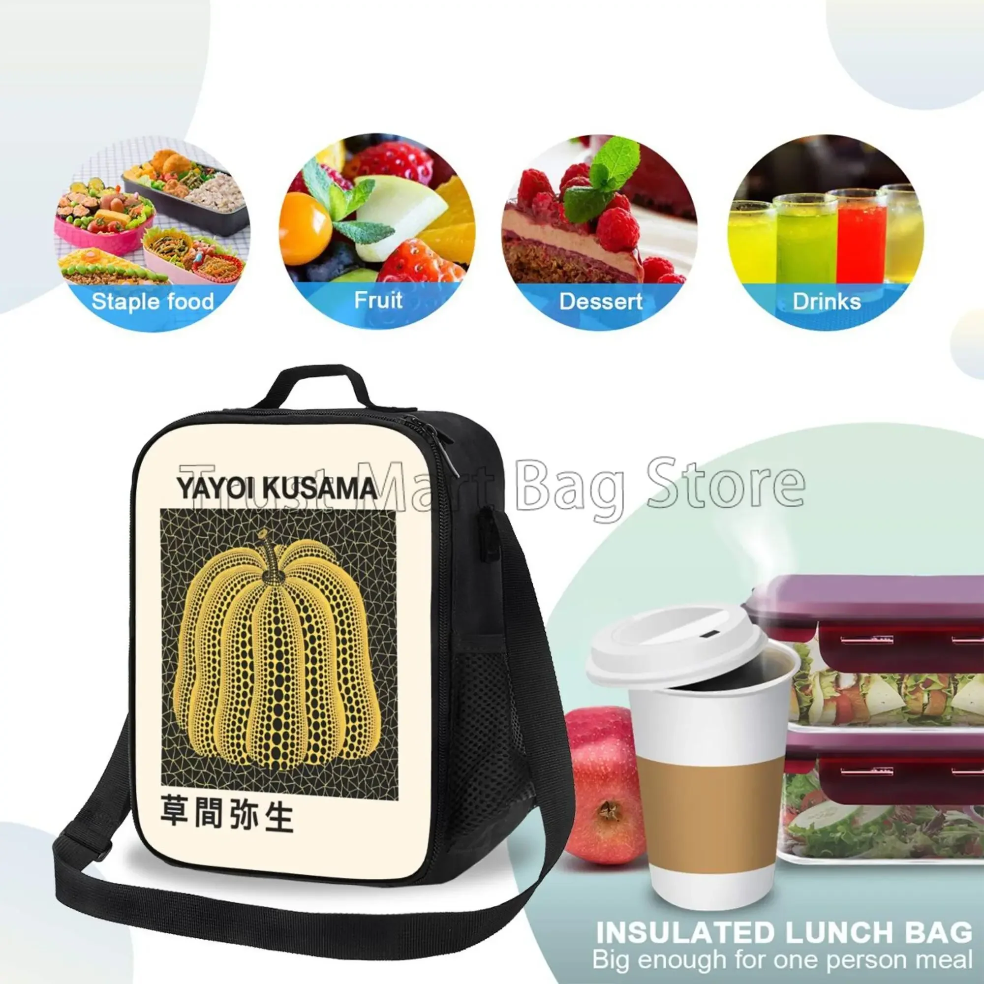 Yayoi Kusama Pumpkin Art Works Borsa da pranzo isolata da donna Borsa termica portatile riutilizzabile Bento Tote per lavoro Picnic Viaggi