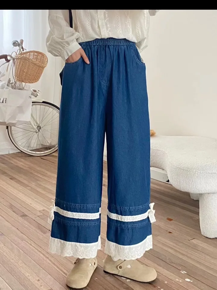 Summer Denim Retro Sweet Jeans Women High Waist Lace Bow Trousers Mori Girl Fashion Commute Wide Leg Pants 2024 Autumn B47371QM