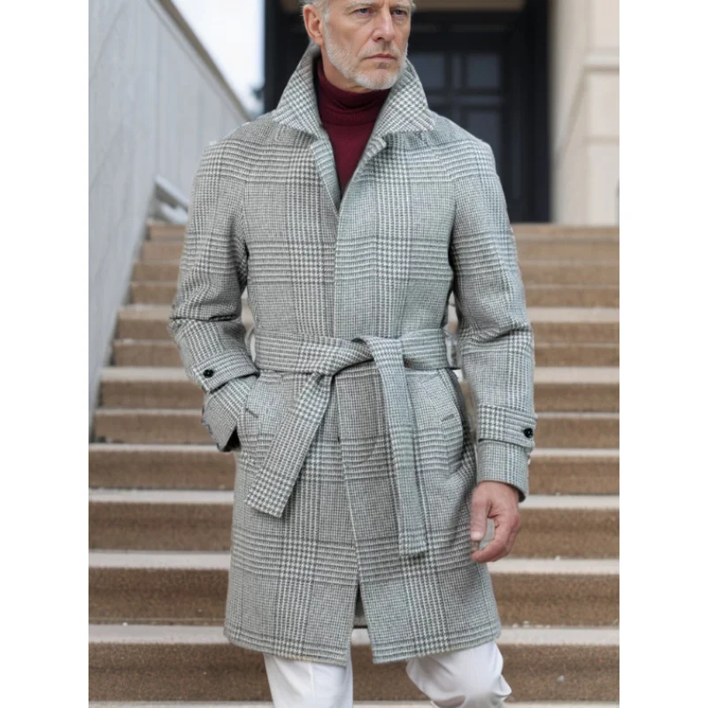 Fall Winter Men's Raglan Sleeve Checked Woolen Coat Fashion Polo Collar Mid-Length Woolen Belt Commute Leisure Overcoat