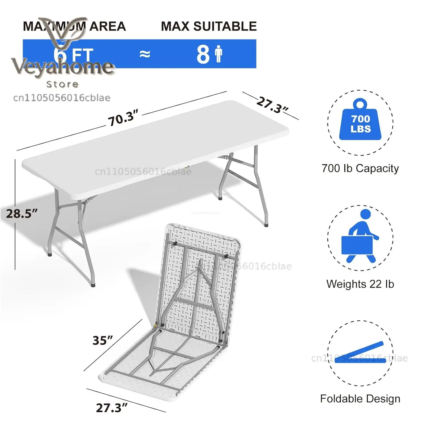 4 Pack Foldable Table 6ft, Plastic Folding Table, Portable Heavy Duty Dining Table with Lock Function & Carrying, Customized