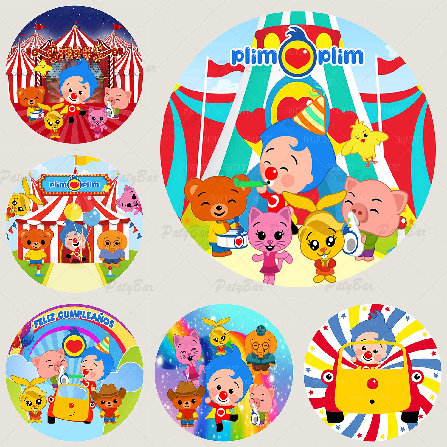 Telón de Fondo Redondo con Diseño de Carpa de Circo y Plims Friends para Cumpleaños Infantiles y Baby Shower, Decoración de Superficie Circular Cilíndrica, Accesorio para Pancarta