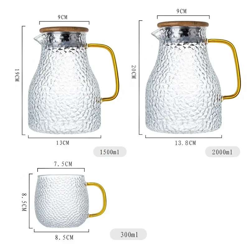 Transparent Glass Water Jug Hot/Cold Tea Pot Stainless Steel Flow Lid Carafe with Handle Heatproof Teapot Set 6