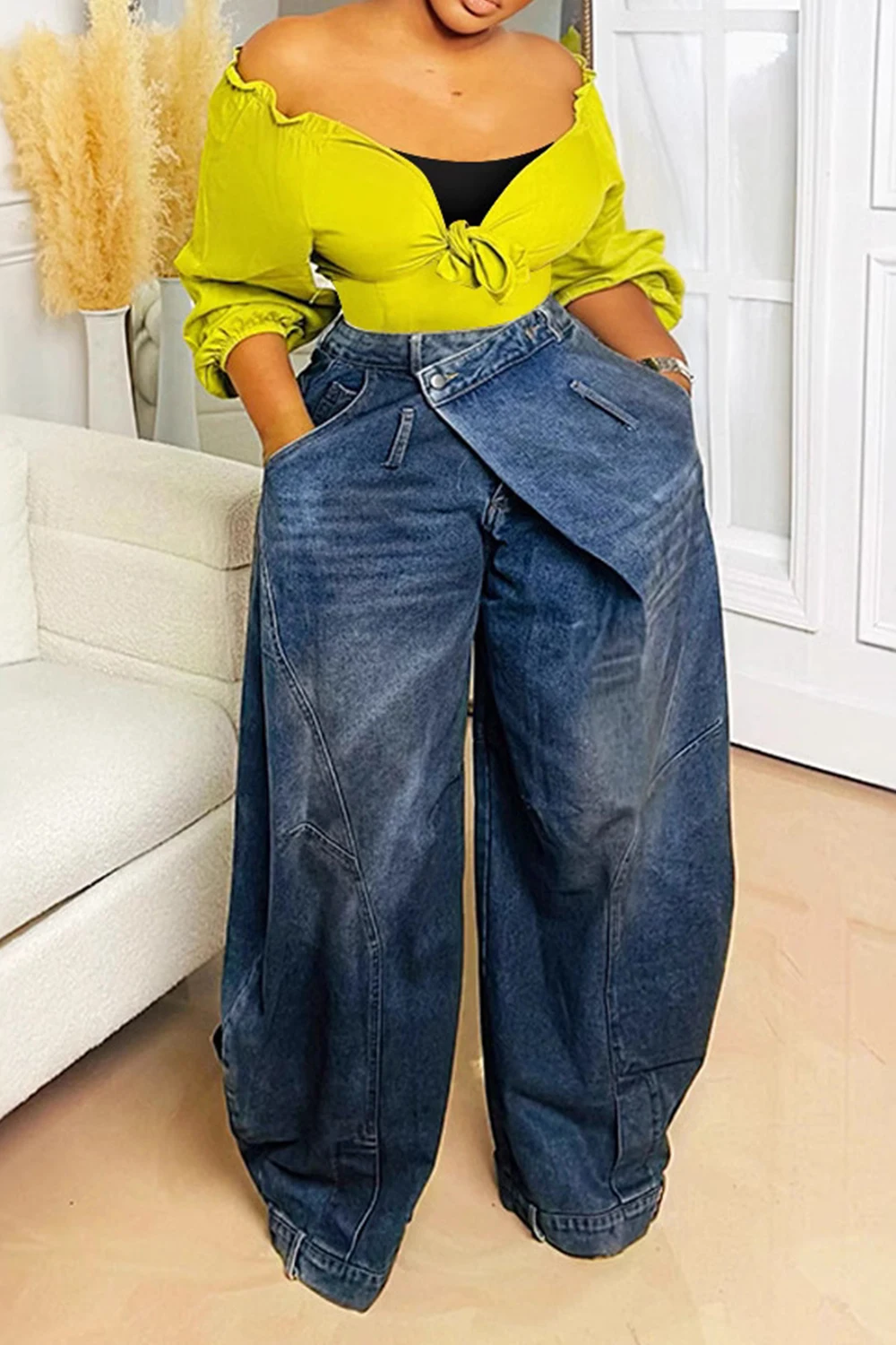 

Harajuku High Street Grunge Women Loose Denim Jeans Pants Asymmetric Button Pocket Washed Casual Trouders Denim Jeans for Women