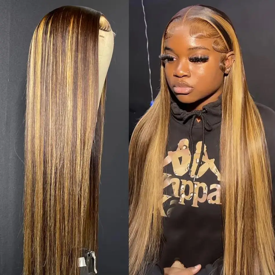 

30 36 Inch 4/27 Highlight Ombre Straight 13x4 13x6 HD Lace Front Human Hair Wig Bone Straight Lace Frontal Wig For Women