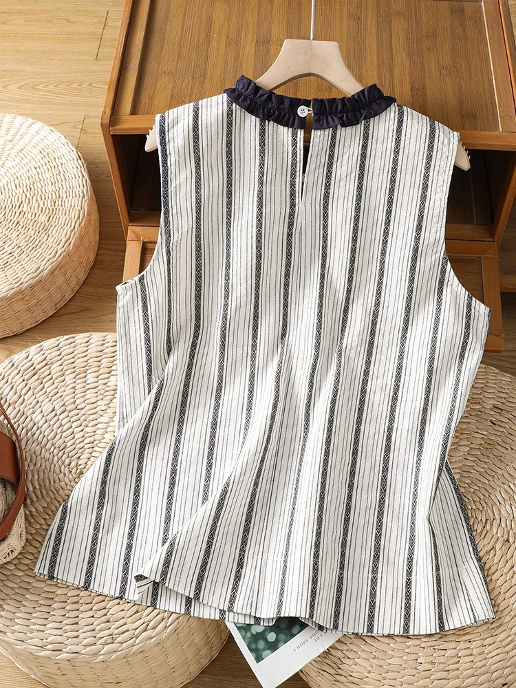 Casual Cotton Linen Shirt Women Summer Outwear Anti-Aging Thin Style Floral Collar Print Loose Fit Short Sleeve Top