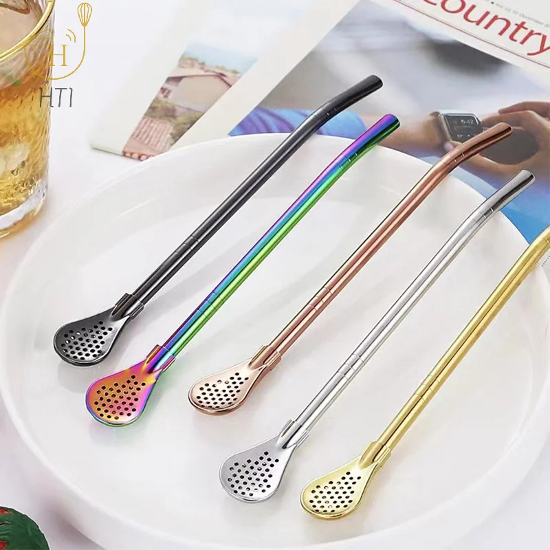 Colorful 304 Stainless Steel Tea Drinking Straws Spoon Yerba Mate Tea Filter Reusable Metal Kitchen Bar Milk Tea Stirring Spoon