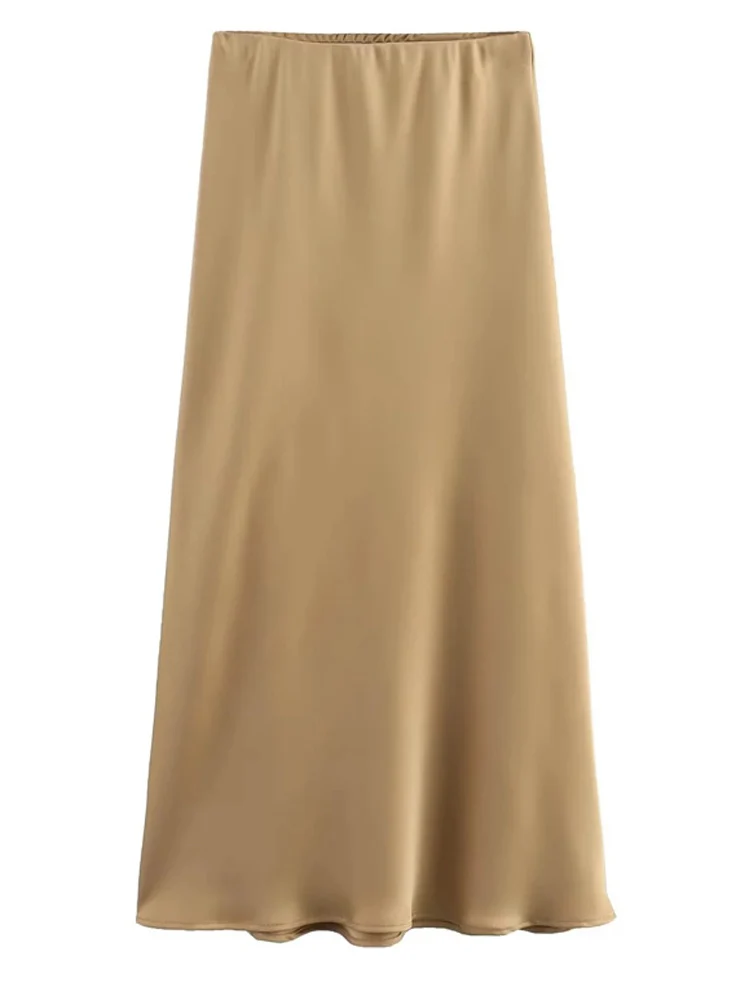 تنورة نسائية من الساتان الأسود لعام 2025 بخصر عالٍ تنانير طويلة أنيقة للنساء تنورة صيفية ميدي تنانير نسائية للمكتب