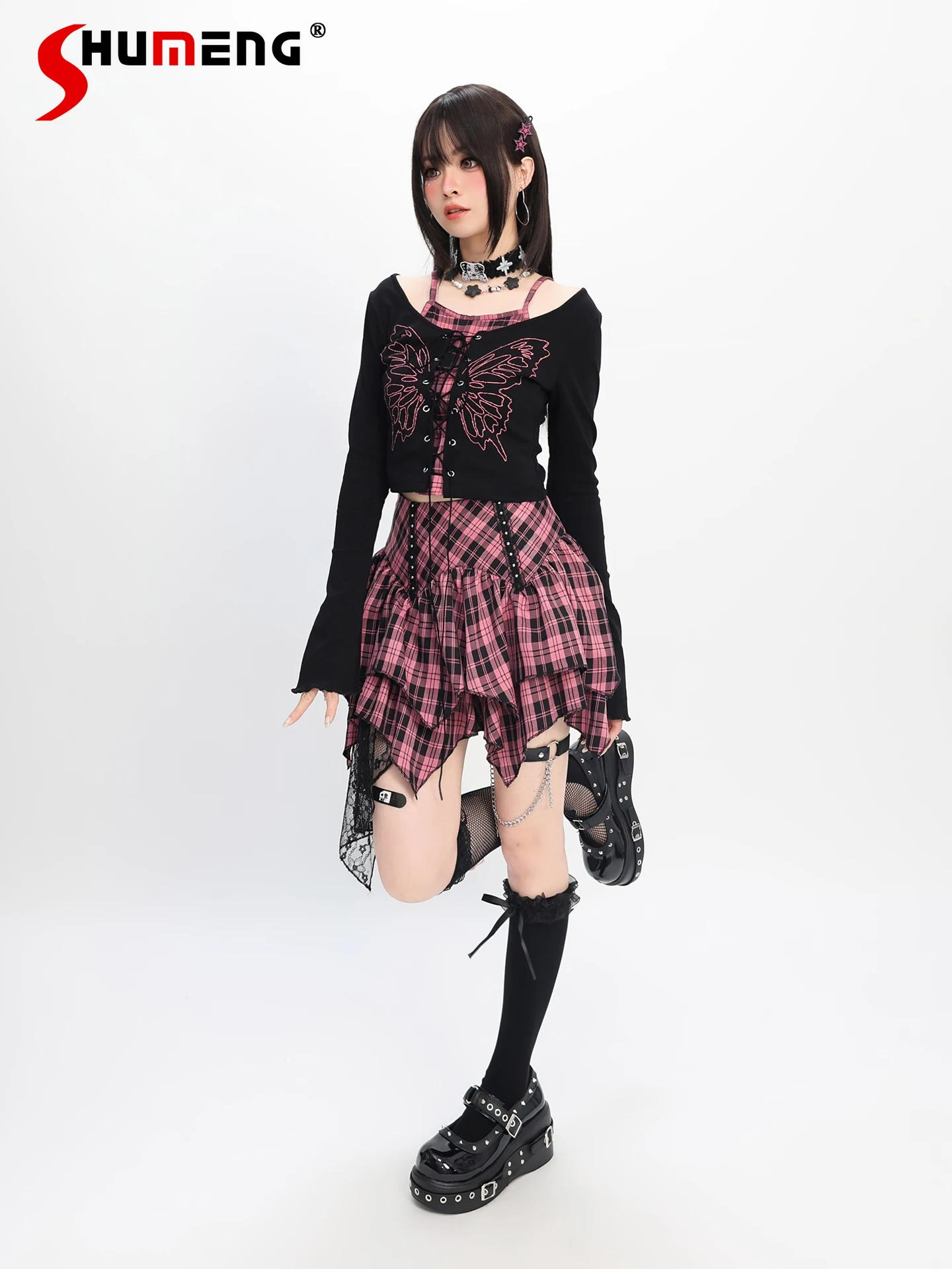 

Japanese Fashion Sweet Cool Subculture Plaid Splicing Strap Slim Long-sleeved Shirts High Waist Lace Splicing Short Skirt Women