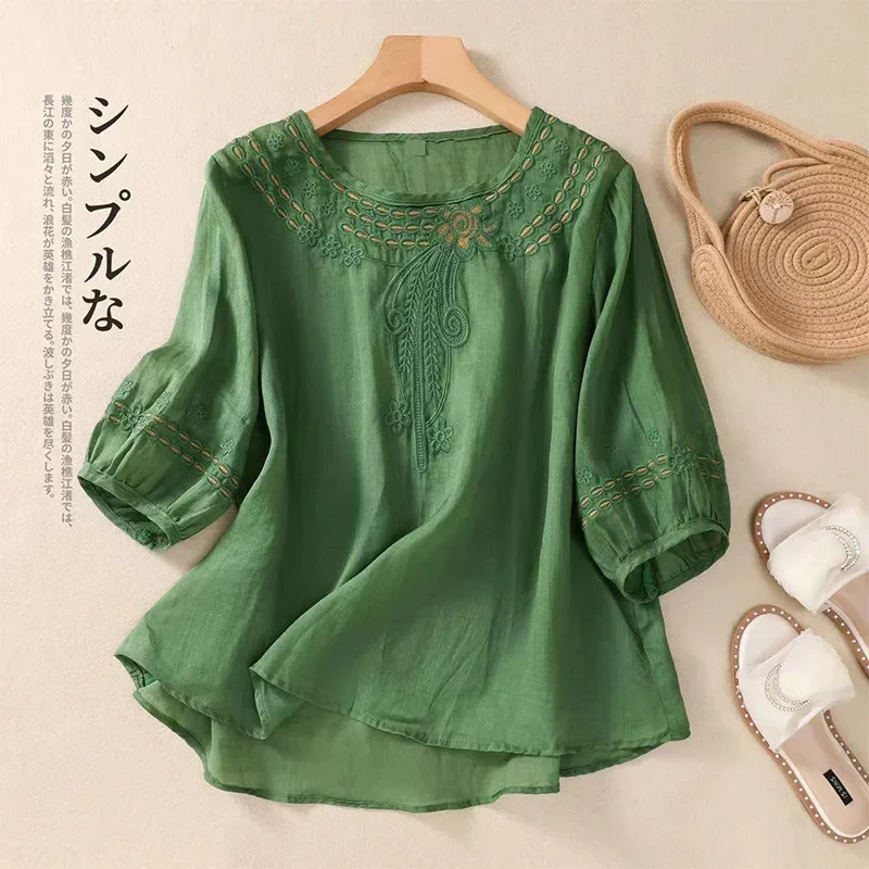 2024 Summer Literary Vintage Embroidery Hollow Out Shirt Ladies Loose Casual Fashion Pullover Top Women Solid Color Blouse Femm