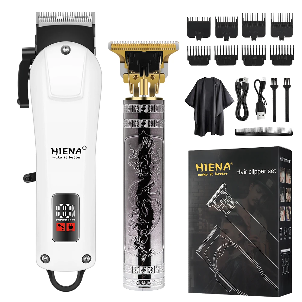 HIENA 2IN1 Dragon Engraved Barber Set Cordless Hair Clipper & Detail Trimmer USB Recharge Haircut Kit with Combs Hair Cape
