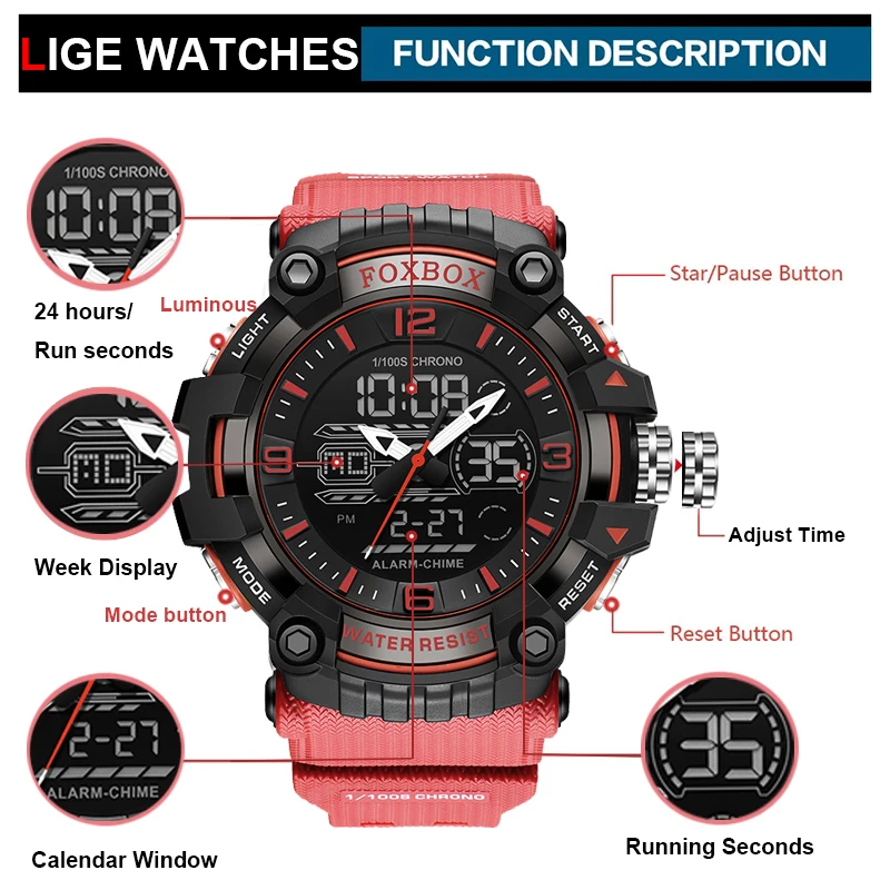 LIGE Multifunctional Chrono Digital Watches MensFOXBOX Dual Movement Sport Wristwatch Waterproof Electronic Clock Reloj Hombre