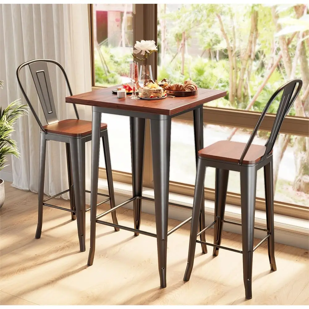 Table and Chairs Set of 2, Bar Table and Chairs Set with Solid Elm Top and Metal Frame, Pub Table and Chairs Set of 2 for Bar, H