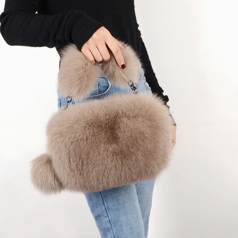 Luxury Real Fox Fur Women Messenger Bag 2022 Winter Ladies Warm Shoulder Bags Designer Fur Tote Bag Evening Party Clutch Bag