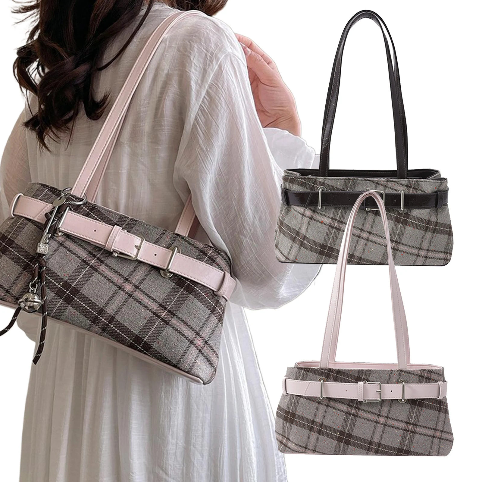 

Women Canvas Plaid Underarm Shoulder Bag with Zipper Fashion Checkerboard Handbag for School Work Daily Use