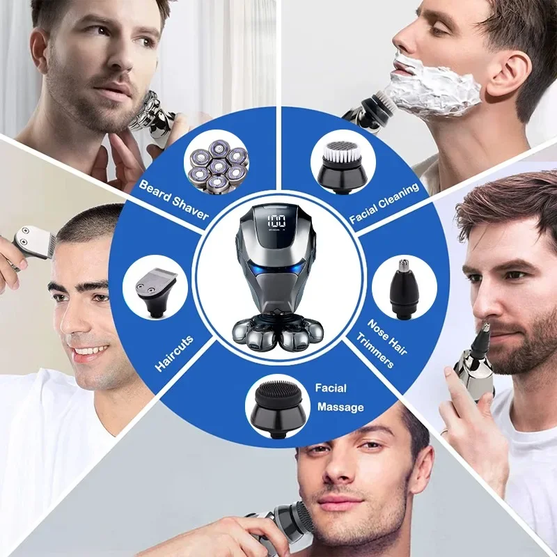 Electric Shaver for Men 5 in 1 Detachable Head with LCD Display, Waterproof, Hair Clipper, Nose Trimmer, Brush and Massager Kit