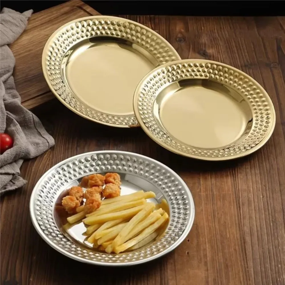 Stainless Steel Dinner Plate Thickened Round Shape Dessert Snack Dish Hammer Pattern Mirror Polish Banquet Plate