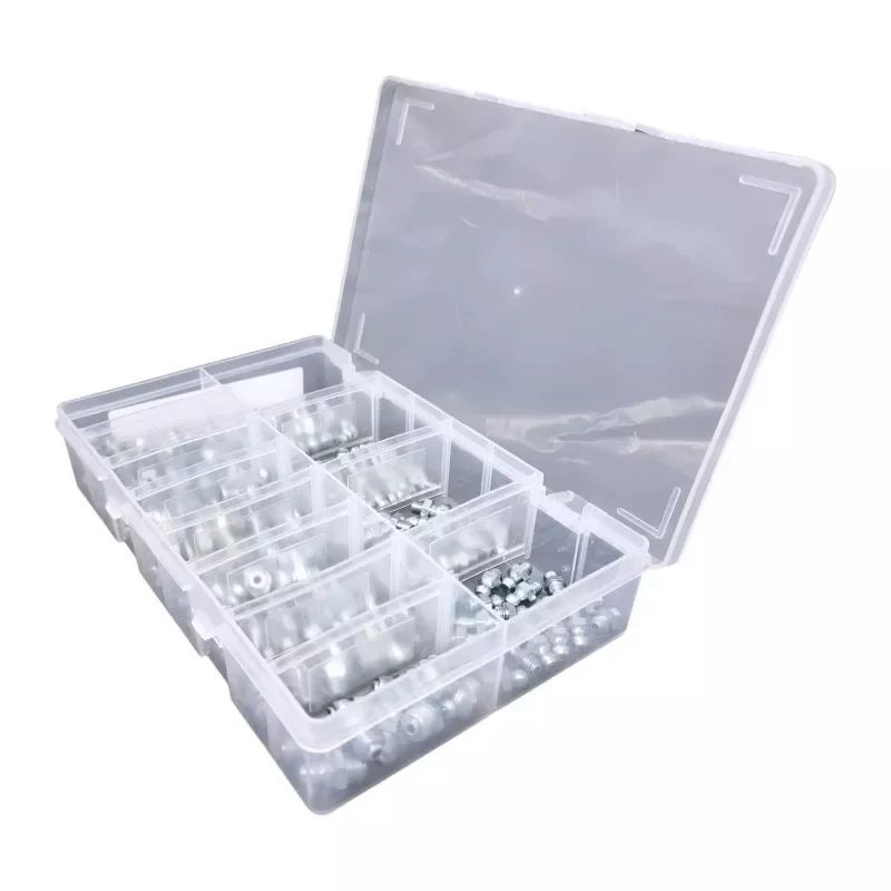 

130Pcs M6 M8 M10 Sliver Assorted Boxed Kit of Iron Grease Nipples Straight 45 Degree Curved Nozzle Grease Gun Assortment Set