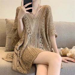 Summer Spring Sun Protection Clothing Casual Loose V-neck Sexy Hollowed Out Knit Shirt for Women Short Sleeve Unique Tops 26910