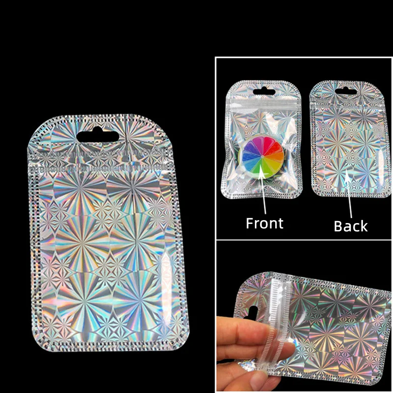 Resealable Zip Lock Gift Bags Small Foil Pouch Jewelry Coin Packaging, Mini Holographic Flat Hang Bag for Small Business,50pcs