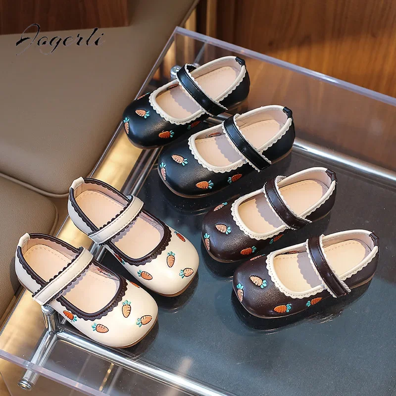 Children's PU Leather Shoes Autumn Fashionable Girl New Cartoon Carrot Single Flats Student School Casual Mary Janes Size 21-35