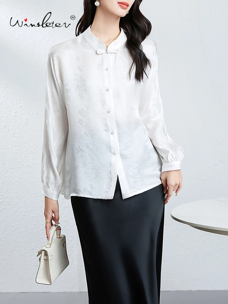 Winsleter-24,4% zijde 75,6% viscose elegant shirt, standaard jacquard, dames retro temperament pendelblouse, herfstnieuw 2025, T59433CC