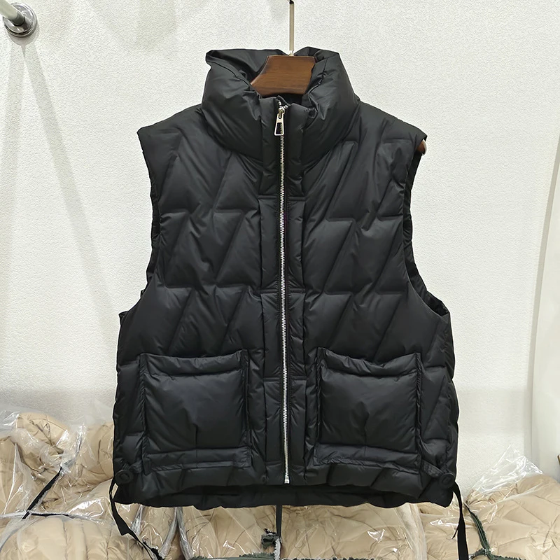 Schinteon Women White Duck Down Vest Casual Autumn Winter Warm Korean Style Stand Collar Sleeveless Jacket 2024 New