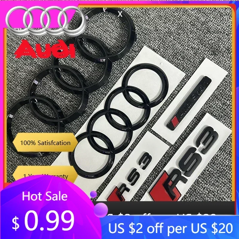Tapacubos para Audi RS3, Emblema de 4 Anillos, ABS Negro, para Capó, Parrilla Delantera, Maletero Trasero, Adhesivo RS3, Emblema Deportivo AUDI