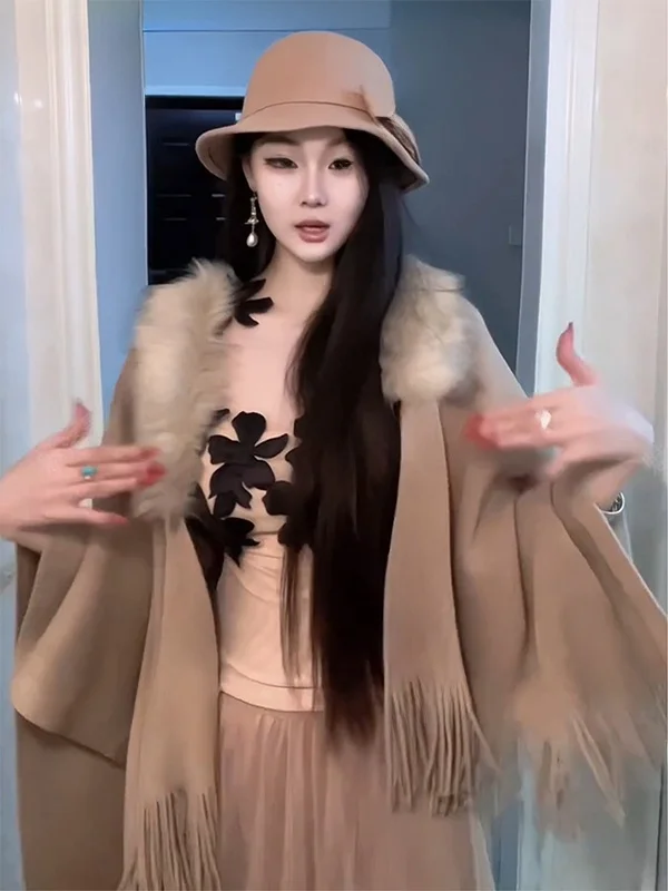 エレガントなニットフォックスファー付きコート、タッセル付き韓国風レディースアウター、多機能無地オールシーズン対応
