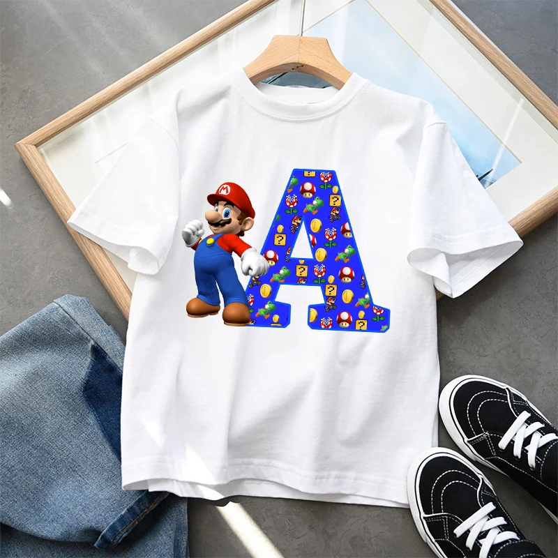 Super Mario Children Short Sleeved T-shirt Game Themed 26 Letter Print Pullover Boys Summer Casual Breathable Top Birthday Gifts