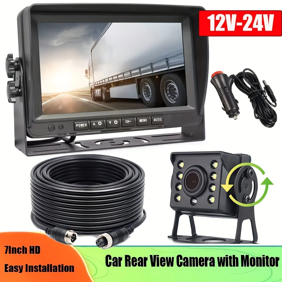 

Upgraded Dual RV Backup Camera System: 7-Inch U-Shaped Rear View Monitor Kit with 8LED Backup Camera,12-24V Hardwired,Wide Angle