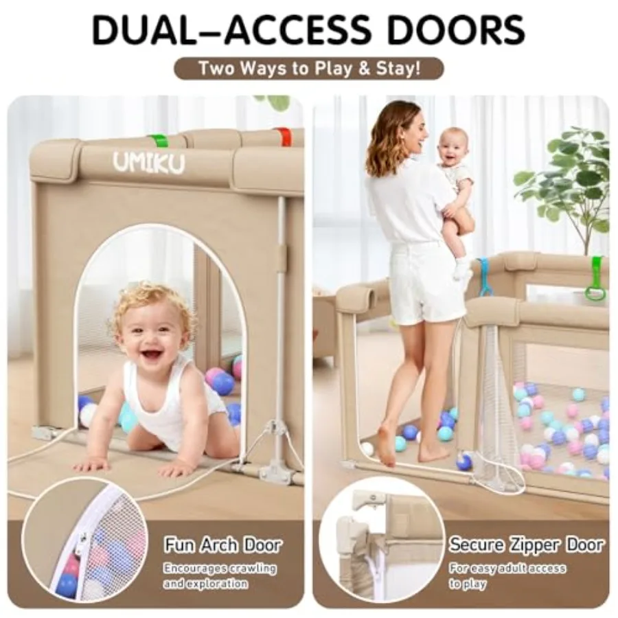 روضة أطفال قابلة للطي للأطفال الرضع والأطفال الصغار، قلم لعب كبير محمول مع بابين و4 مقابض 50 كرة، 50 × 50 بوصة كاكي #2