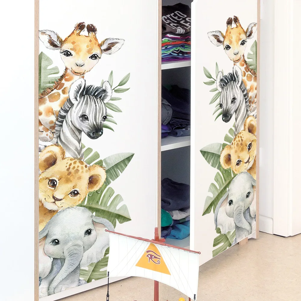 Watercolor Cute Animals Wall Stickers For Kids Room Home Decor Baseboard Self Adhesive Sticker Living Room Wall Decoration