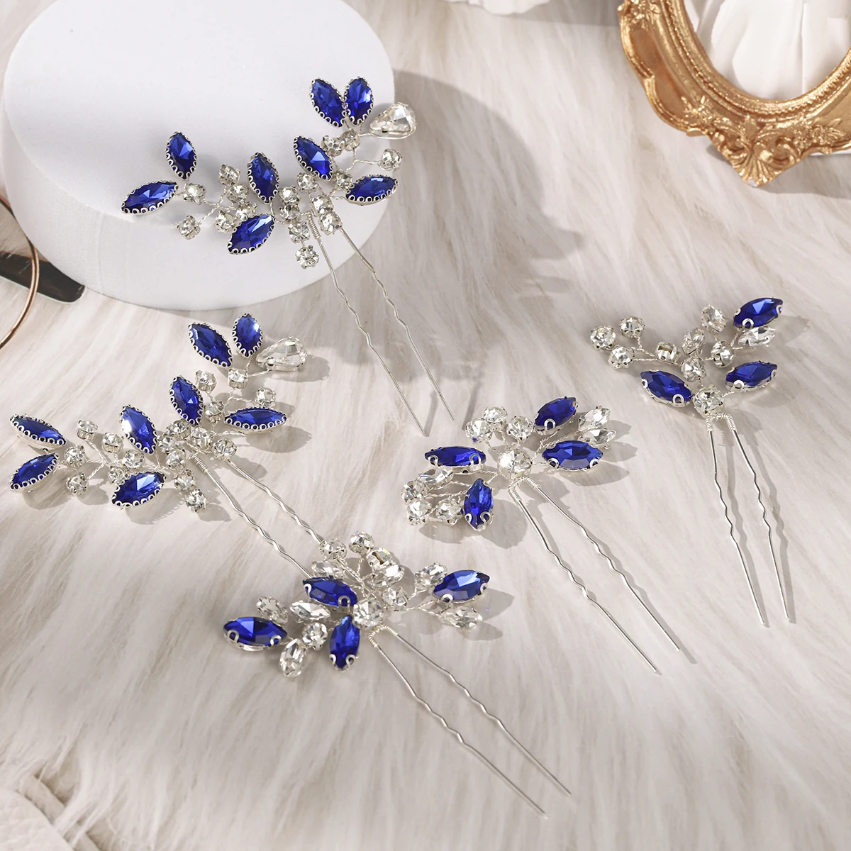 Forcine per capelli eleganti da sposa in cristallo blu, foglie di moda, strass, fermagli per capelli, copricapo per le donne, gioielli per feste, accessori per capelli