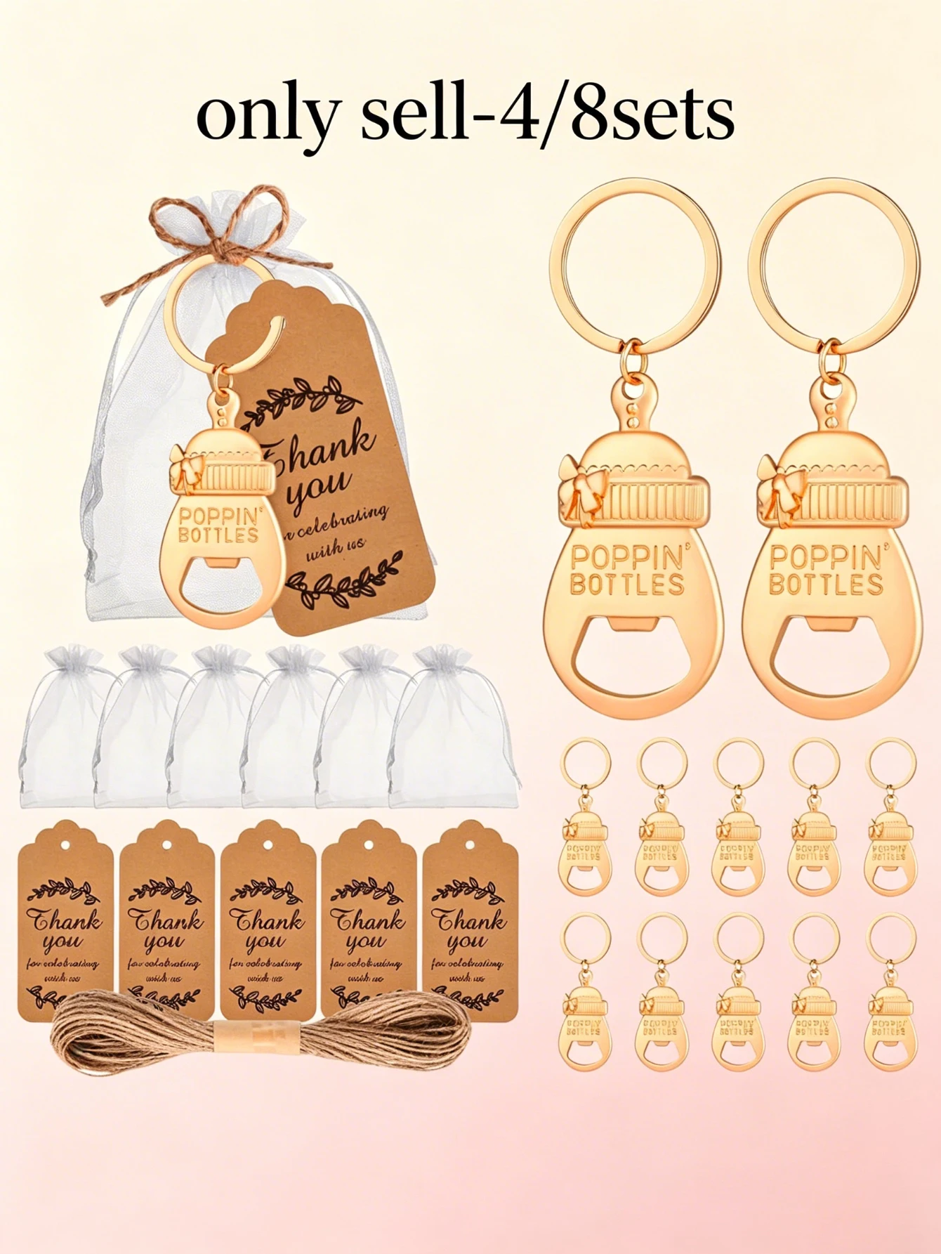 4/8 Sets Flaschenöffner in Flaschenform mit Schleifenverpackung, Geschenke für Babypartys und Gender-Reveal-Partys, einfarbiger Schlüsselanhänger