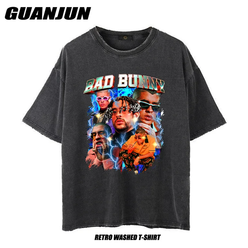 

Rapper Bad Bunny T-shirt Cotton Men Women Streetwear Mens Casual Washed T Shirts Printed Summer Short Sleeve Black Tee Shirt